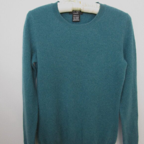 Fuzzy CASHMERE Pullover Knit Sweater Crew Cuddly Dark Teal Blue - Picture 4 of 10